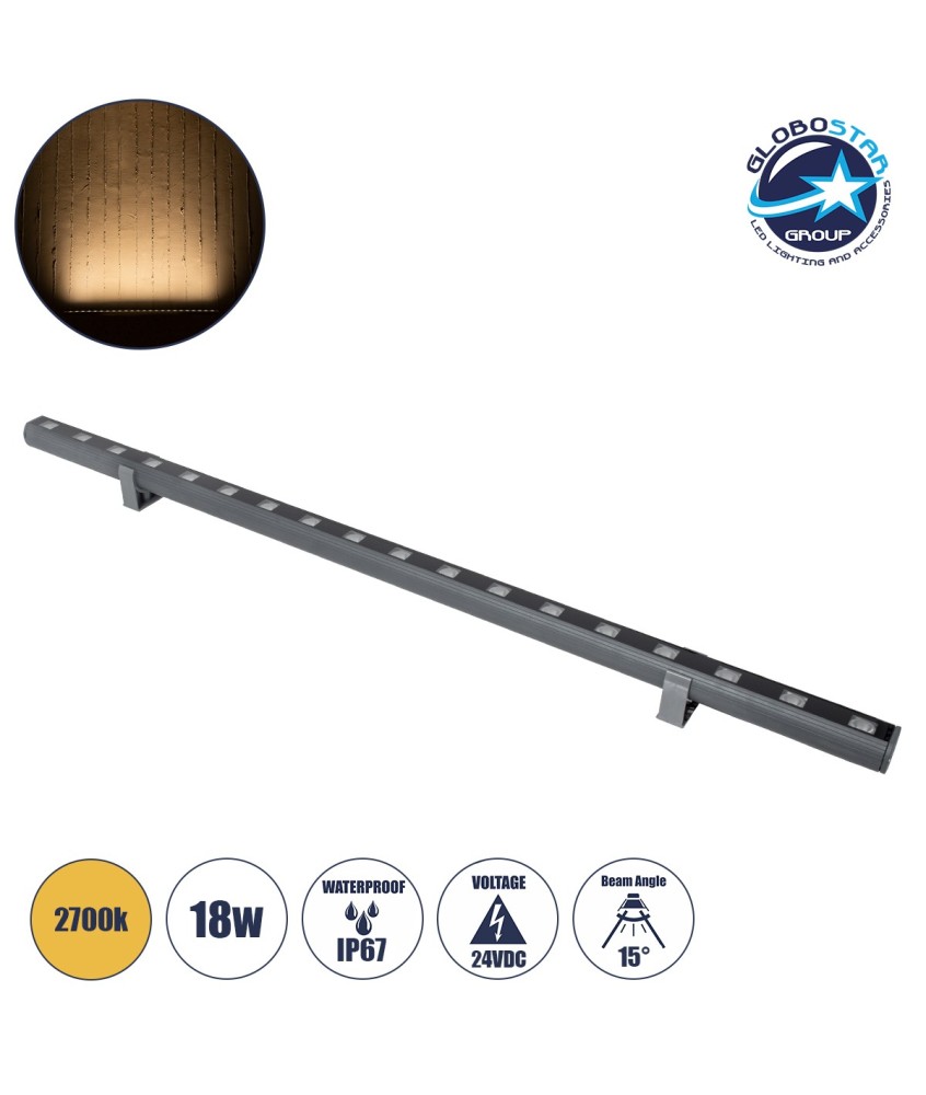 GLOBOSTAR® WASHERPANDA 90579 Μπάρα Φωτισμού Wall Washer LED 18W 1980lm 15° DC 24V Αδιάβροχο IP67 Θερμό Λευκό 2700K Dimmable - Bridgelux SMD Chip - Γκρι Ανθρακί - Μ100 x Π4 x Υ3.5cm - 3 Χρόνια Εγγύηση